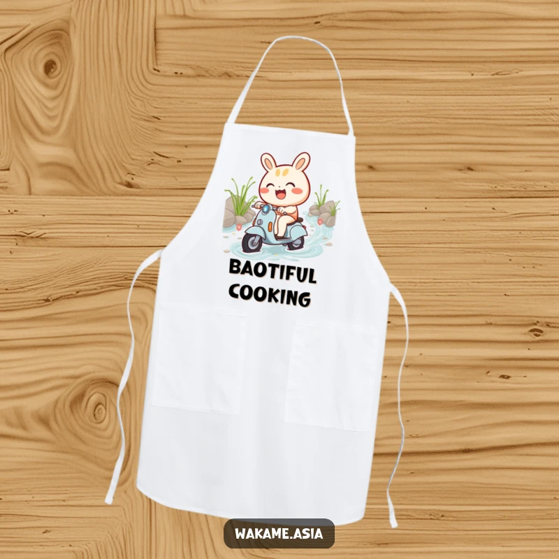 Funny apron featuring a smiling bao bun character riding a scooter through a tasty noodle stream.