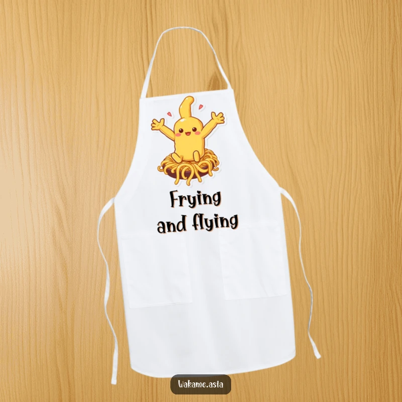 Funny tempura chef character wearing an apron, sliding down a noodle slide, bringing humor to kitchen activities.