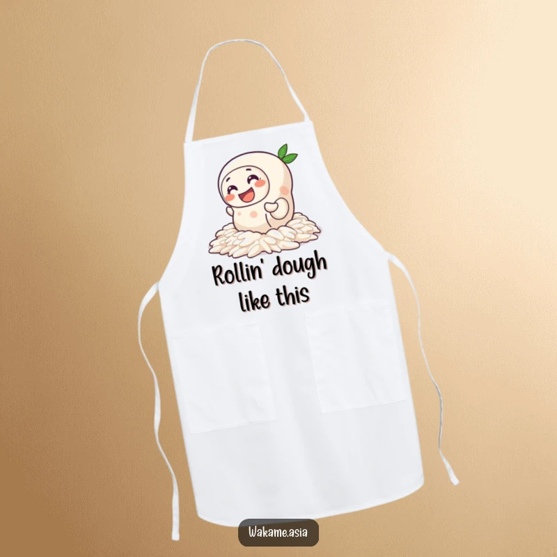 Funny Spring Roll Rice Apron: A kitchen apron featuring a cheerful spring roll character comically wiggling its way across slick rice, perfect for cooks.