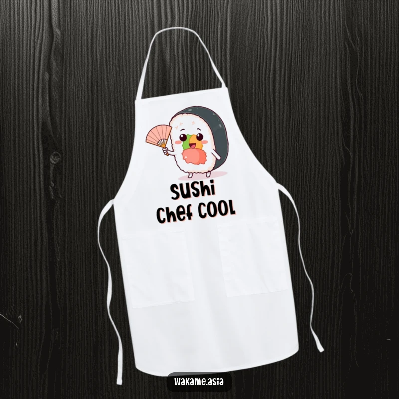 Funny apron featuring a cheerful sushi roll character waving a miniature fan in a gentle, playful breeze.