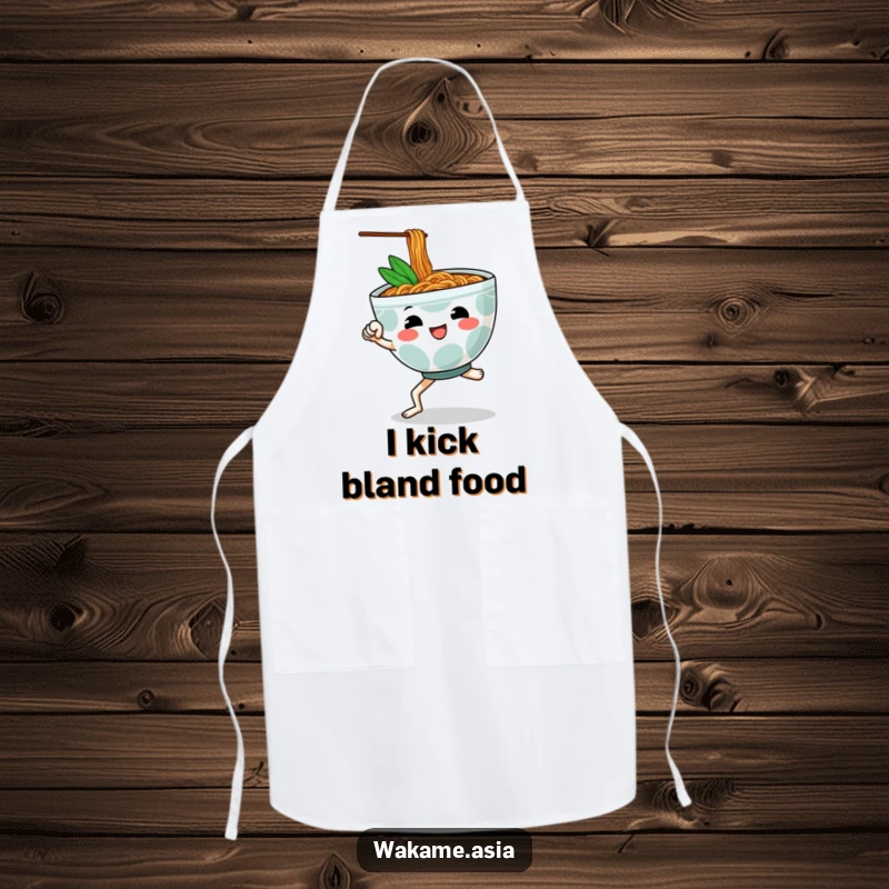 Funny apron featuring a cheerful, anthropomorphic ramen bowl with legs executing a martial arts kick, perfect for a stylish and protected kitchen.
