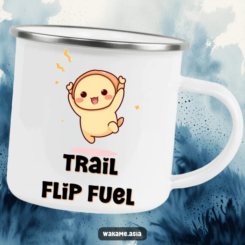 Funny Dim Sum Acrobat Camping Mug: A rugged mug showcasing a funny dim sum character performing an acrobatic flip, ideal for outdoor adventures.