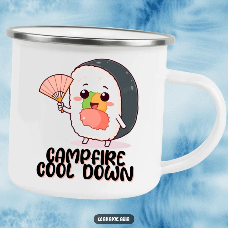 Funny camping mug featuring a cheerful sushi roll character waving a miniature fan in a playful breeze.