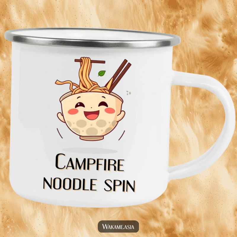 Funny camping mug with a happy anthropomorphic ramen bowl spinning with noodles flying, perfect for outdoor use with a humorous food design.