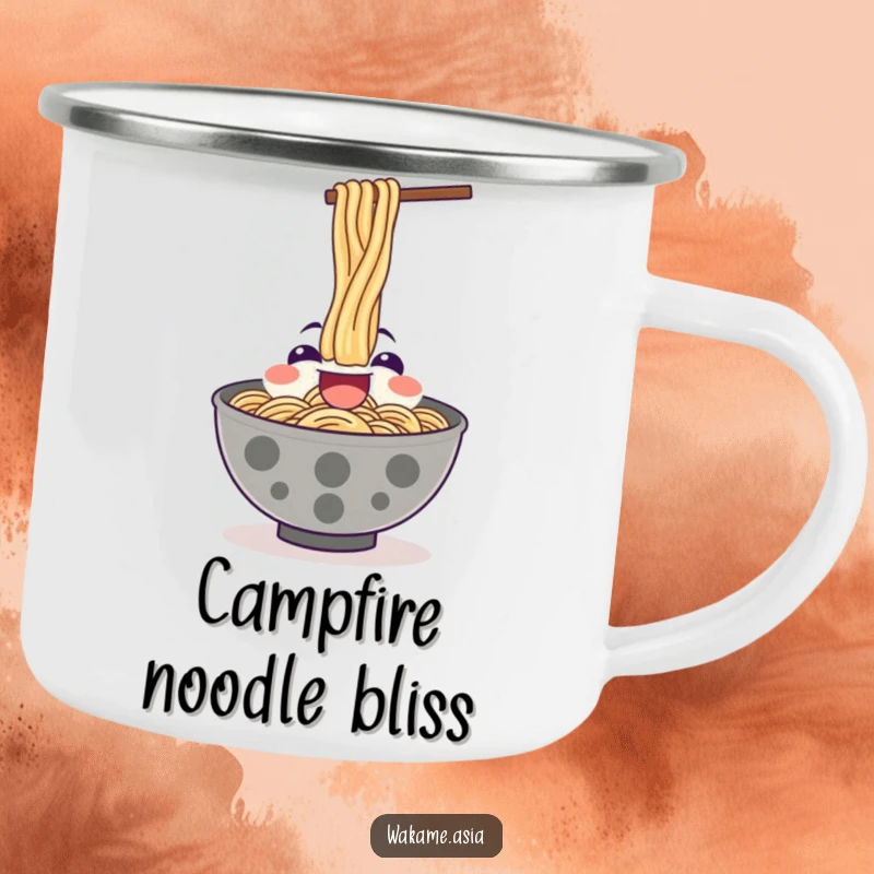 Funny camping mug featuring a happy ramen bowl character enthusiastically slurping noodles upwards.