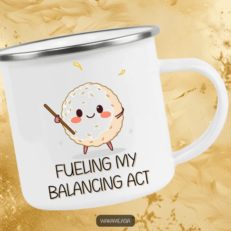 Funny camping mug featuring a happy anthropomorphic rice ball juggling chopsticks, ideal for outdoor use with a humorous food design.