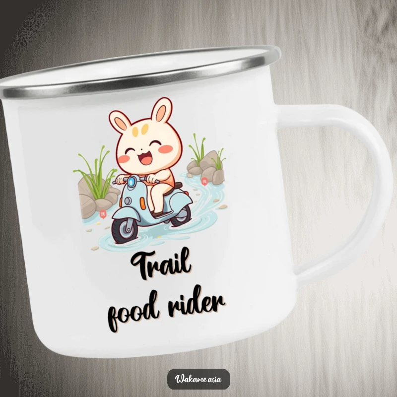 Funny camping mug featuring a smiling bao bun character riding a scooter through a fun noodle stream.