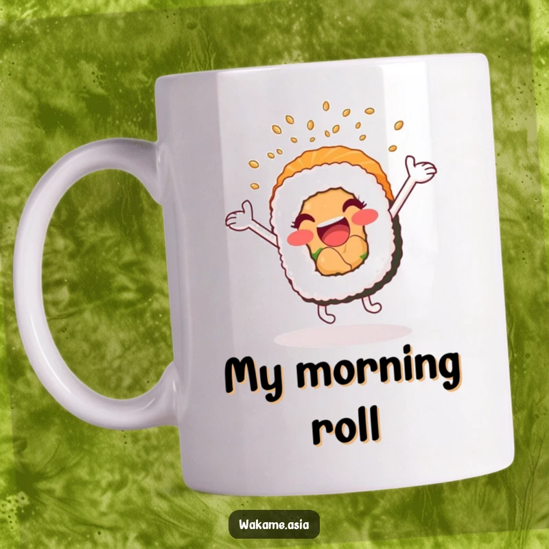 Funny mug featuring a cartwheeling, anthropomorphic sushi roll with arms waving excitedly, showering sesame seeds for a fun-filled start.