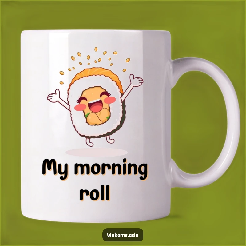 Funny Sushi Roll Cartwheel Mug: Excited Nori Roll's Energetic Action Gift