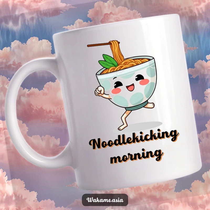 Funny mug featuring a cheerful, anthropomorphic ramen bowl with legs performing a powerful martial arts kick, ready to spice up your morning.