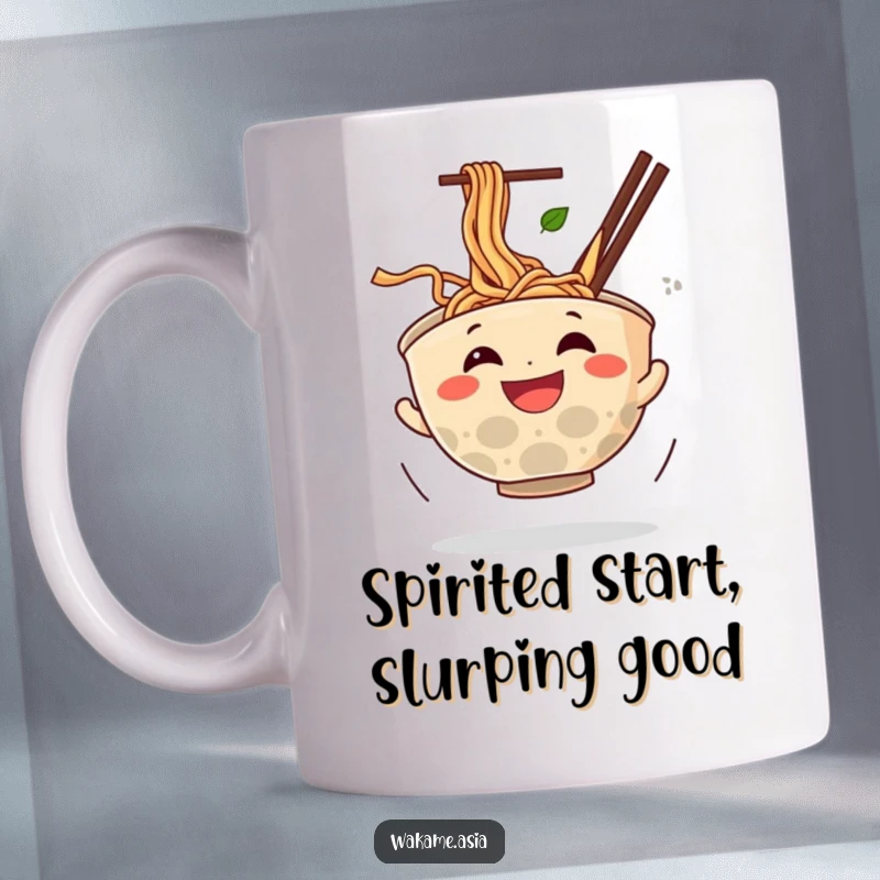 Funny mug featuring a grinning anthropomorphic ramen bowl joyfully spinning with noodles flying, a comical and lively food character.