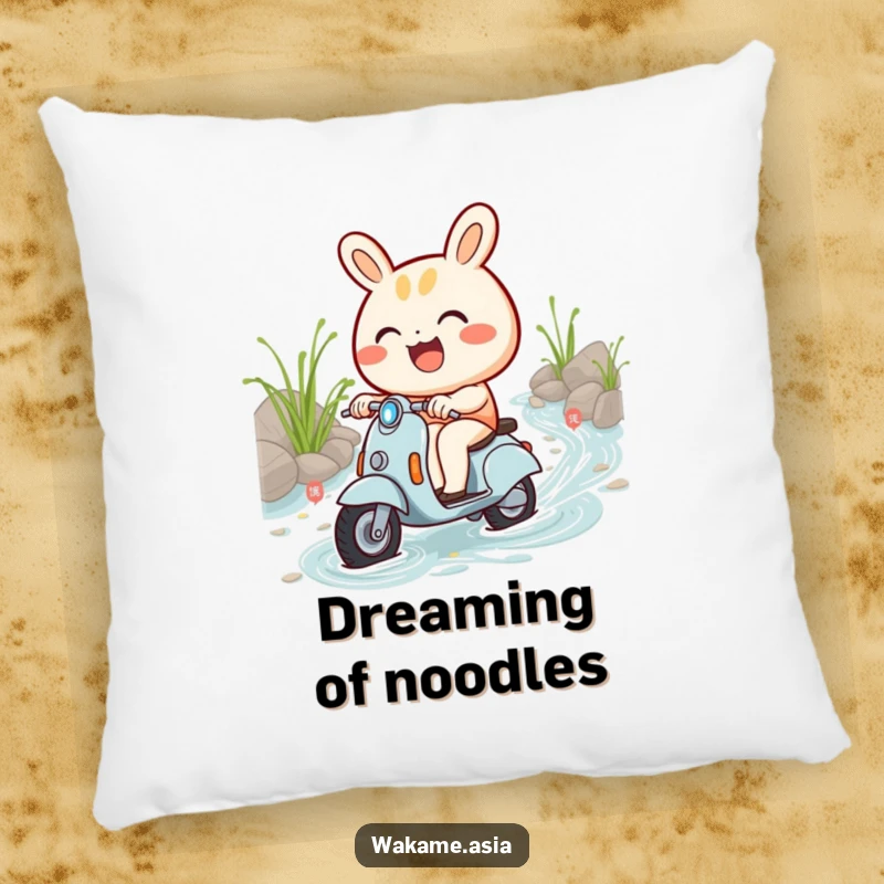 Funny pillow depicting a smiling bao bun character gleefully riding a miniature scooter through a whimsical noodle stream.
