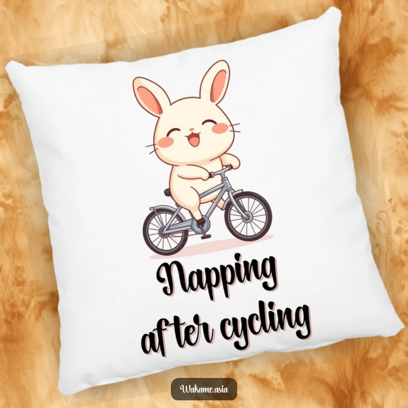 A soft, comfortable pillow featuring a funny bao bun character attempting to ride a tiny bicycle, looking endearingly determined.