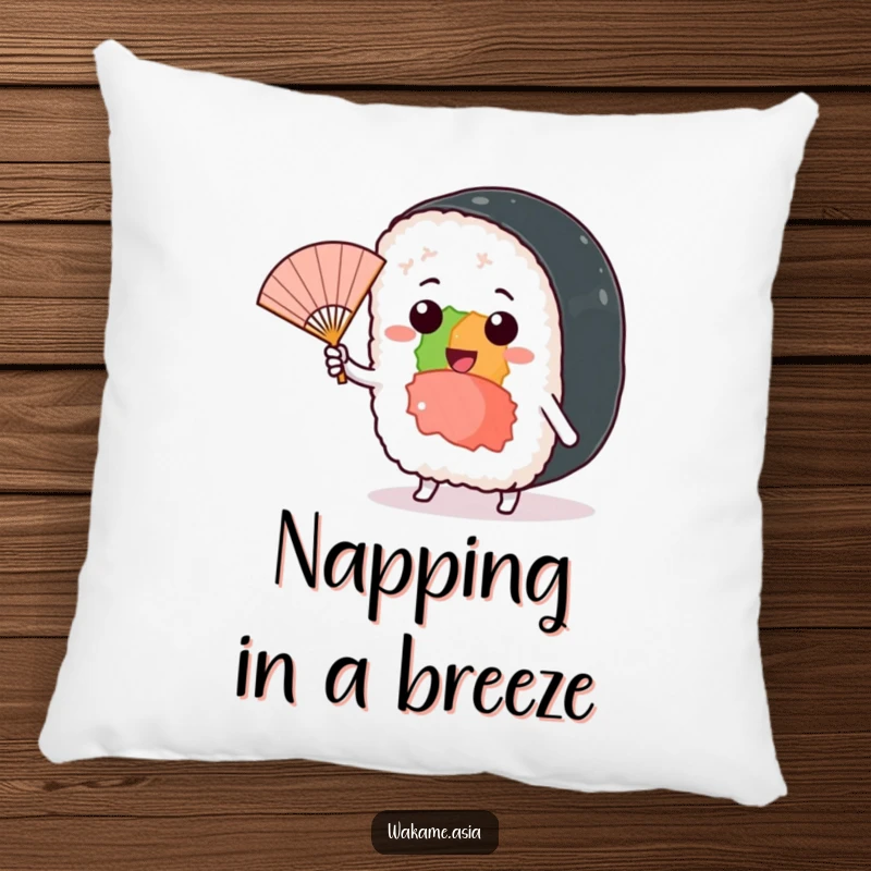 Funny pillow depicting a cheerful sushi roll character waving a miniature fan in a gentle, playful breeze.