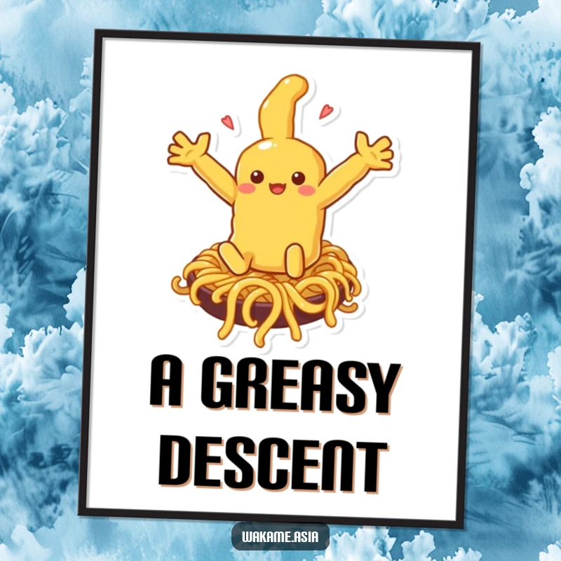 Funny tempura character arms outstretched, mid-slide down a noodle slide, rendered as a high-resolution digital art print.