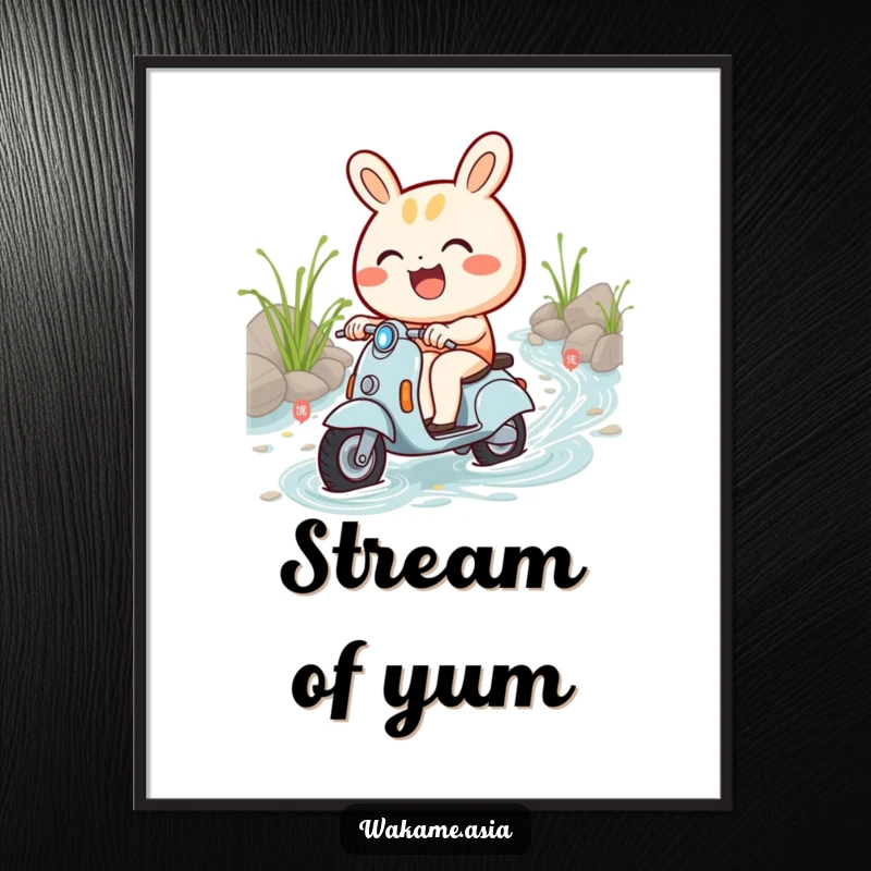 Funny digital art print depicting a smiling bao bun character gleefully riding a miniature scooter through a whimsical noodle stream.