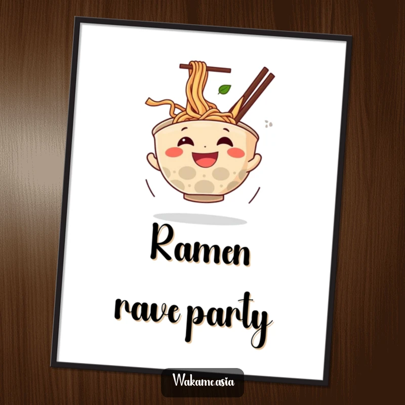 Funny digital art print of a happy anthropomorphic ramen bowl spinning with noodles flying, a humorous and downloadable food character illustration.