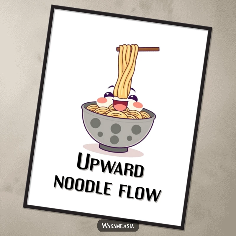 Funny digital art print depicting a happy ramen bowl character enthusiastically slurping noodles upwards.