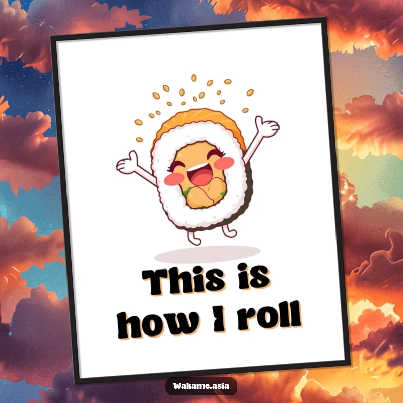 Funny digital art print of a cartwheeling, anthropomorphic sushi roll showering sesame seeds, adding instant energetic fun.