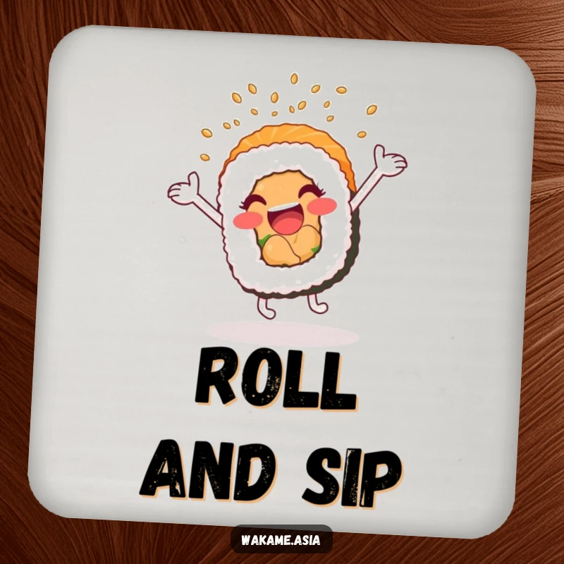 Funny coaster set featuring a cartwheeling, anthropomorphic sushi roll showering sesame seeds, protecting surfaces with humor.