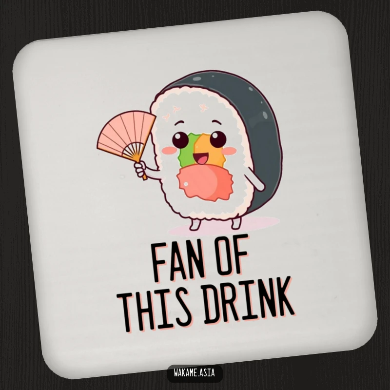 Funny drink coasters featuring a cheerful sushi roll character waving a miniature fan in a gentle, playful breeze.