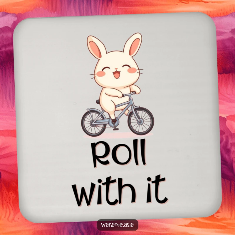 Funny bao bun character joyfully riding a tiny bicycle on a drink coaster, protecting surfaces with charm and humor.