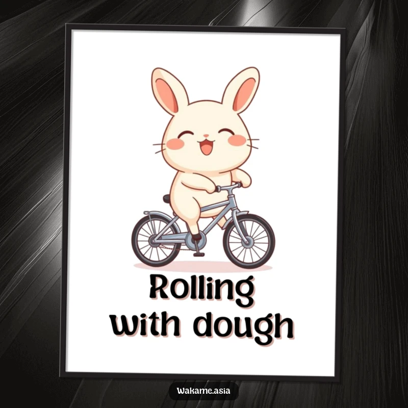 Funny bao bun character on a tiny bicycle, depicted as a humorous and charming poster for wall decoration.
