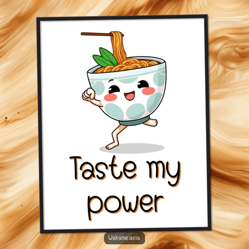 Funny poster showcasing a cheerful, anthropomorphic ramen bowl with legs in a decisive martial arts kick pose, adding fun to walls.