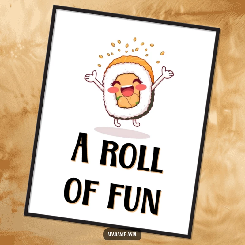 Funny poster showcasing a cartwheeling, anthropomorphic sushi roll showering sesame seeds, adding energetic fun to walls.