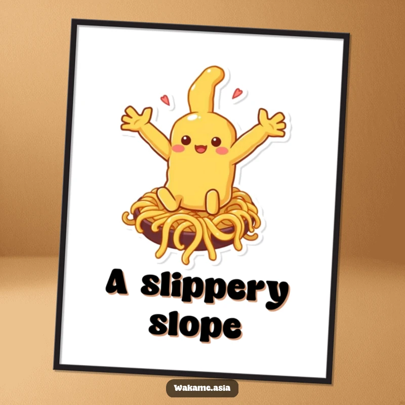 Funny tempura character arms outstretched, sliding down a noodle slide, printed as a vibrant, humorous poster for wall decoration.