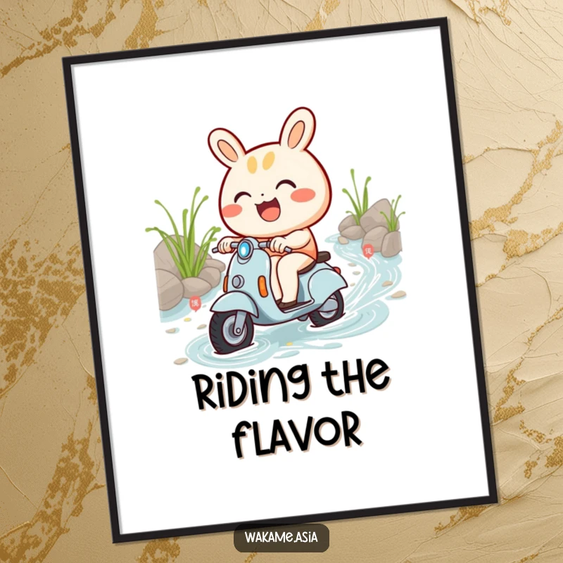 Funny poster featuring a smiling bao bun character riding a miniature scooter through a vibrant stream of noodles.