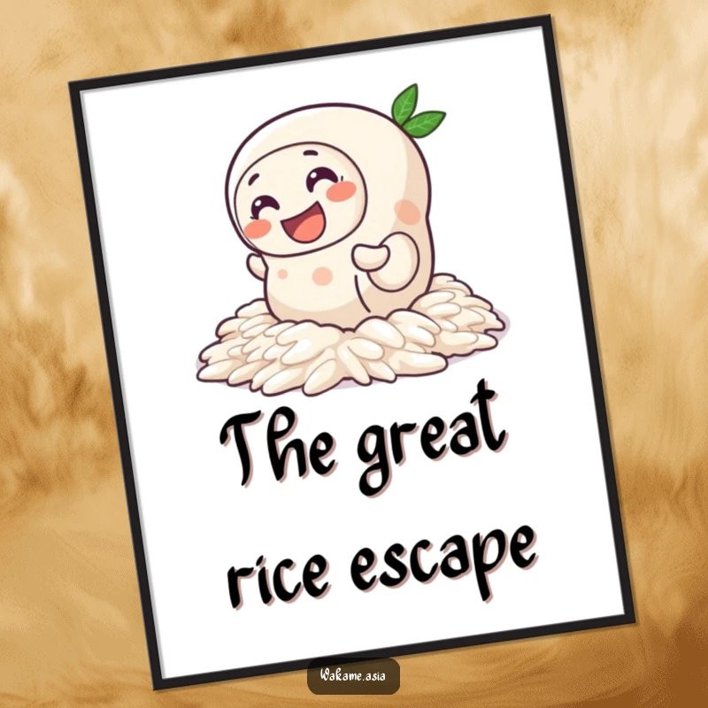 Funny Spring Roll Rice Poster: Artistic print of a happy spring roll character amusingly wiggling across slippery rice, perfect for wall decor.