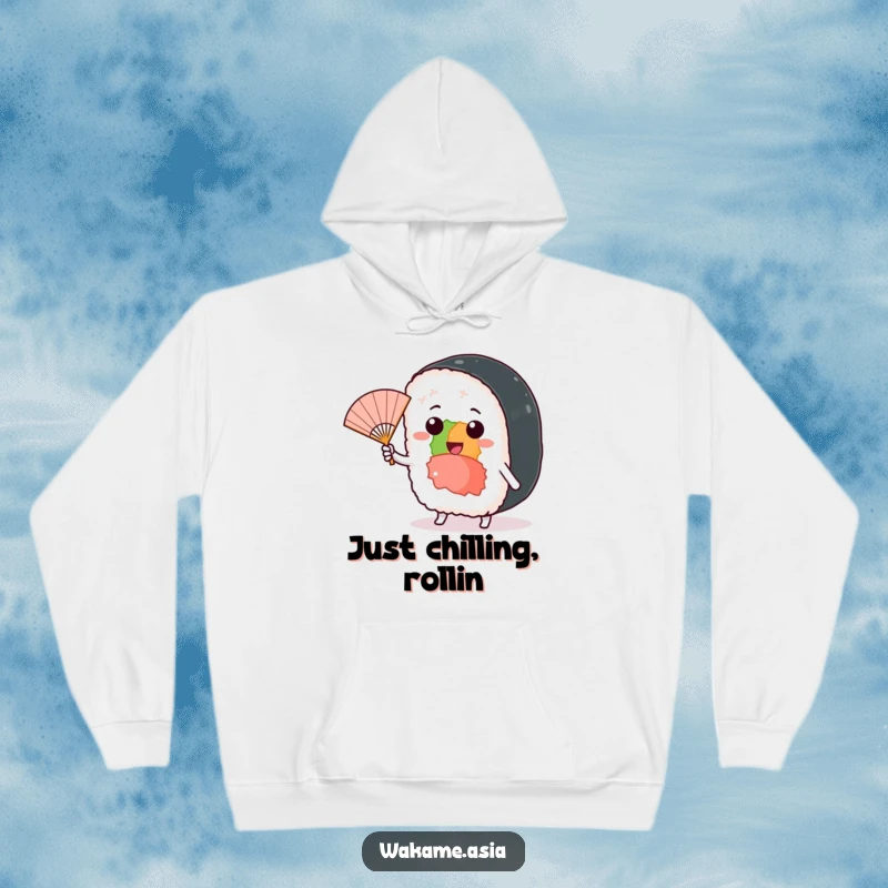 Funny hoodie designed with a cheerful sushi roll character waving a miniature fan in a playful breeze.