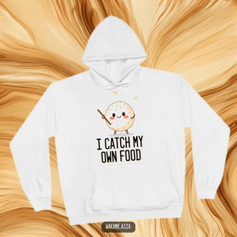 Funny hoodie featuring a cheerful anthropomorphic rice ball expertly juggling chopsticks, a delightful and humorous food-themed graphic.