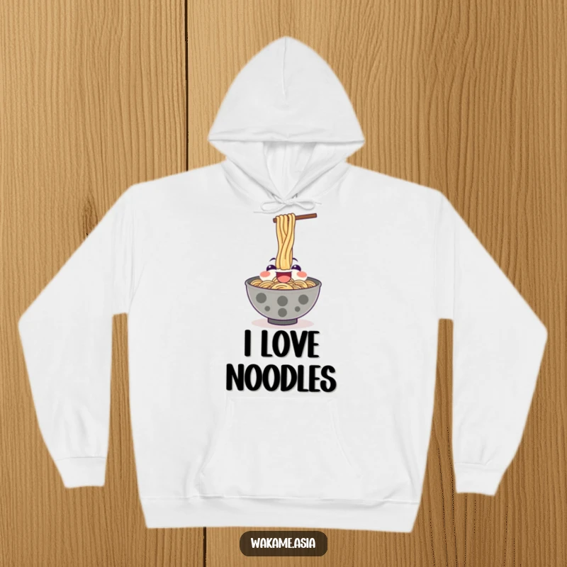 Funny hoodie designed with a happy ramen bowl character enthusiastically slurping noodles upwards.