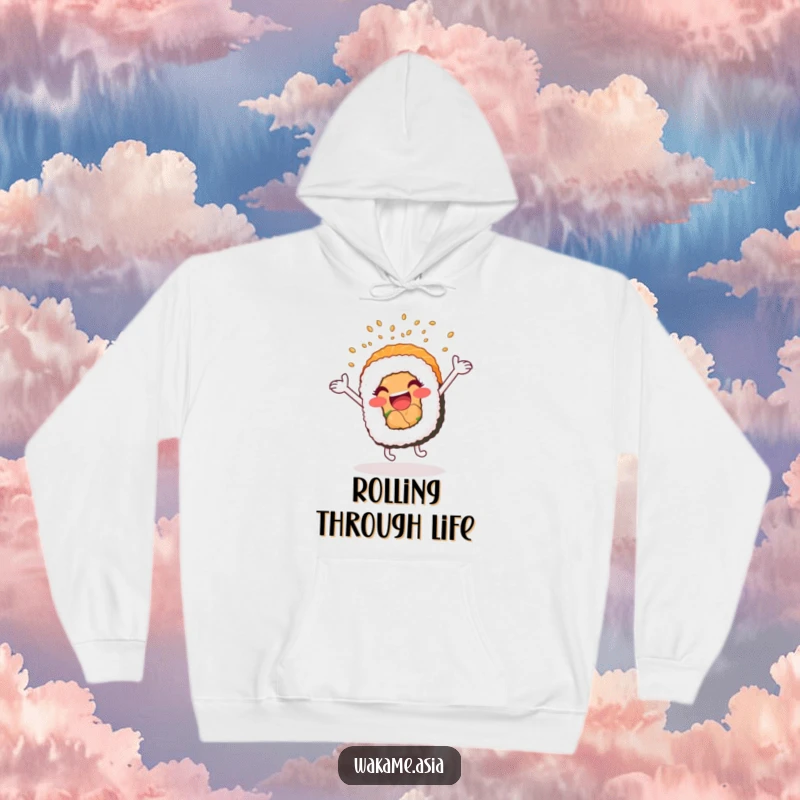 Funny hoodie featuring a cartwheeling, anthropomorphic sushi roll with arms waving excitedly, showering sesame seeds, offering cozy and fun style.