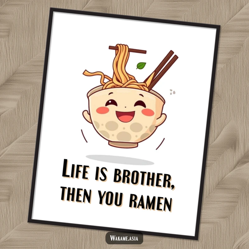 Funny Free Printable Wall Art: Energetic ramen bowl character in a joyful spin, noodles creating a dynamic pattern.