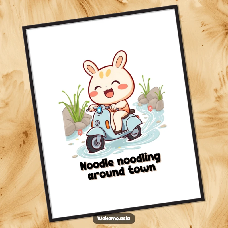 Funny Free Printable Wall Art: A smiling Bao Bun character rides a mini scooter through a whimsical noodle stream, full of joy.