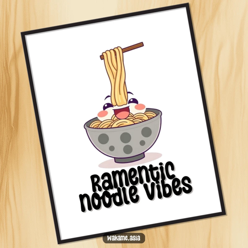 Funny Free Printable Wall Art: A happy Ramen bowl character enthusiastically slurping noodles upwards, bringing fun and personality.