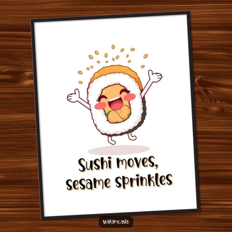 Funny Free Printable Wall Art: An anthropomorphic sushi roll performing a cartwheel with arms waving, showering sesame seeds.