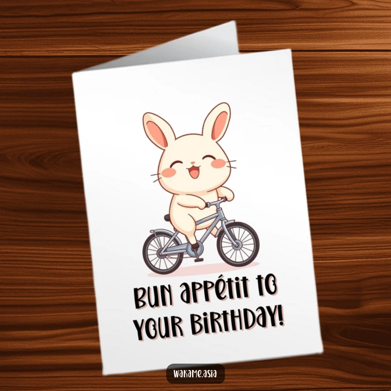 Funny Free Printable Birthday Card: a happy bao bun with stubby legs wobbles precariously on a tiny bicycle, ready to party.