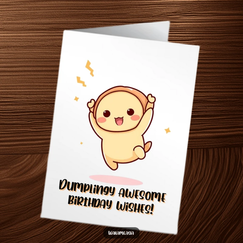 Funny Free Printable Birthday Card featuring a delighted dim sum character doing a hilarious acrobatic flip with joy.