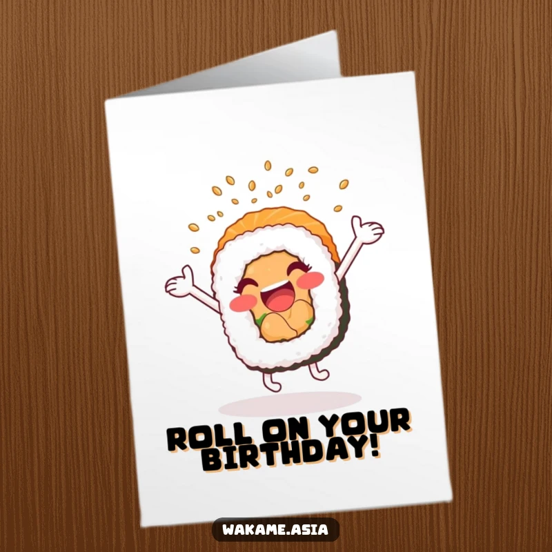 Funny Free Printable Birthday Card: A sushi roll character cartwheeling excitedly, showering sesame seeds, celebrating a birthday.