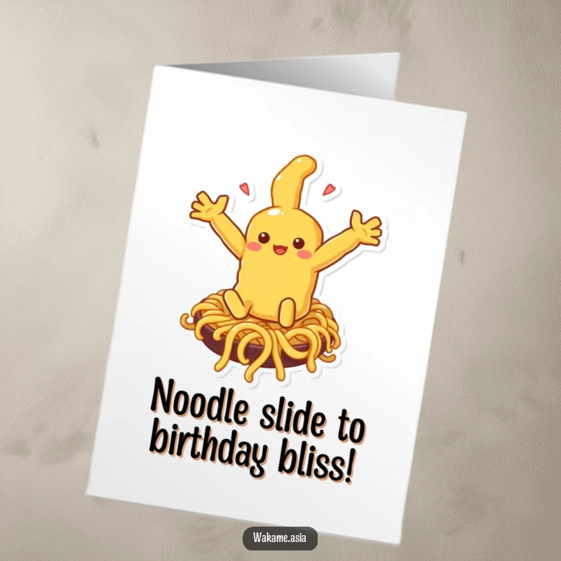 Funny Free Printable Birthday Card featuring a wobbly tempura character joyfully sliding down a noodle slide with arms out.