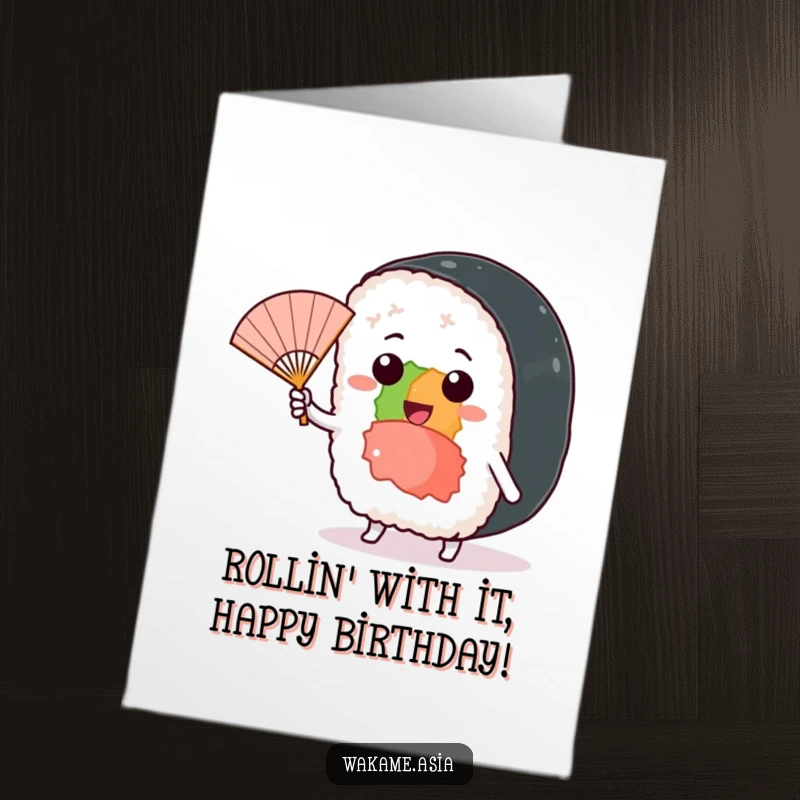 Funny Free Printable Birthday Card: Cheerful Sushi roll character waves a tiny fan in a playful breeze, wishing a happy birthday.