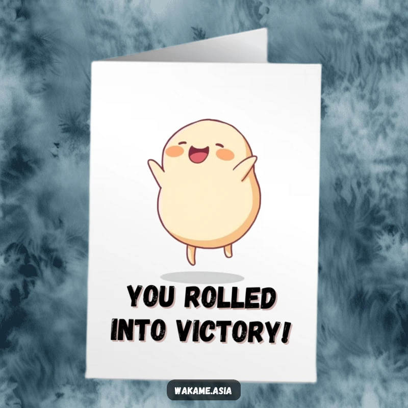 Funny Free Printable Congratulations Card: A smiling dumpling with tiny legs joyfully executing a somersault, signifying celebration.
