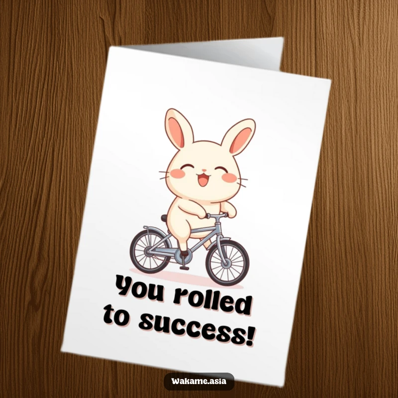 Funny Free Printable Congratulations Card: a determined bao bun pedals a tiny bike, symbolizing a fun and successful new beginning.