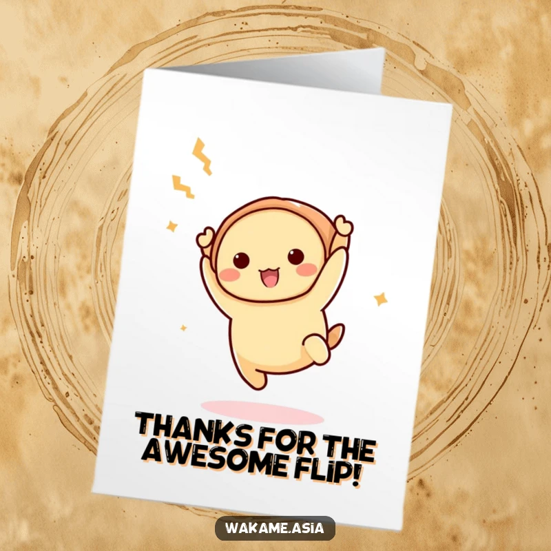 Funny Free Printable Thank You Card showing a dim sum character mid-flip, expressing joyful thanks.
