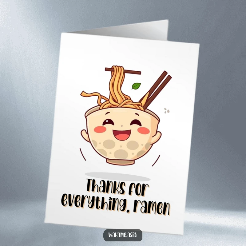 Funny Free Printable Thank You Card: Expressive ramen bowl character happily spinning, noodles flying in a thankful swirl.