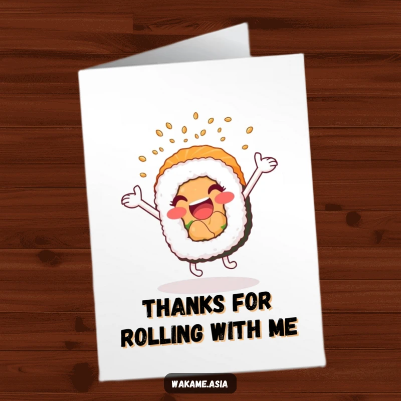 Funny Free Printable Thank You Card: A sushi roll doing a cartwheel and waving, showering sesame seeds, a fun thank you.